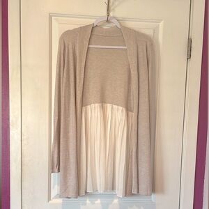 Open Front Cardigan Beige w/ White Floral Trim Draped Back - Medium